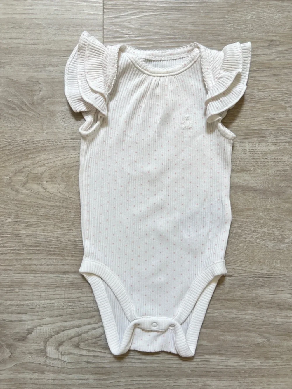 🦋3/$30 Baby Gap Outfit Set Girls 6-12 Months White Ribbed Pink Dot Ruffle Bear